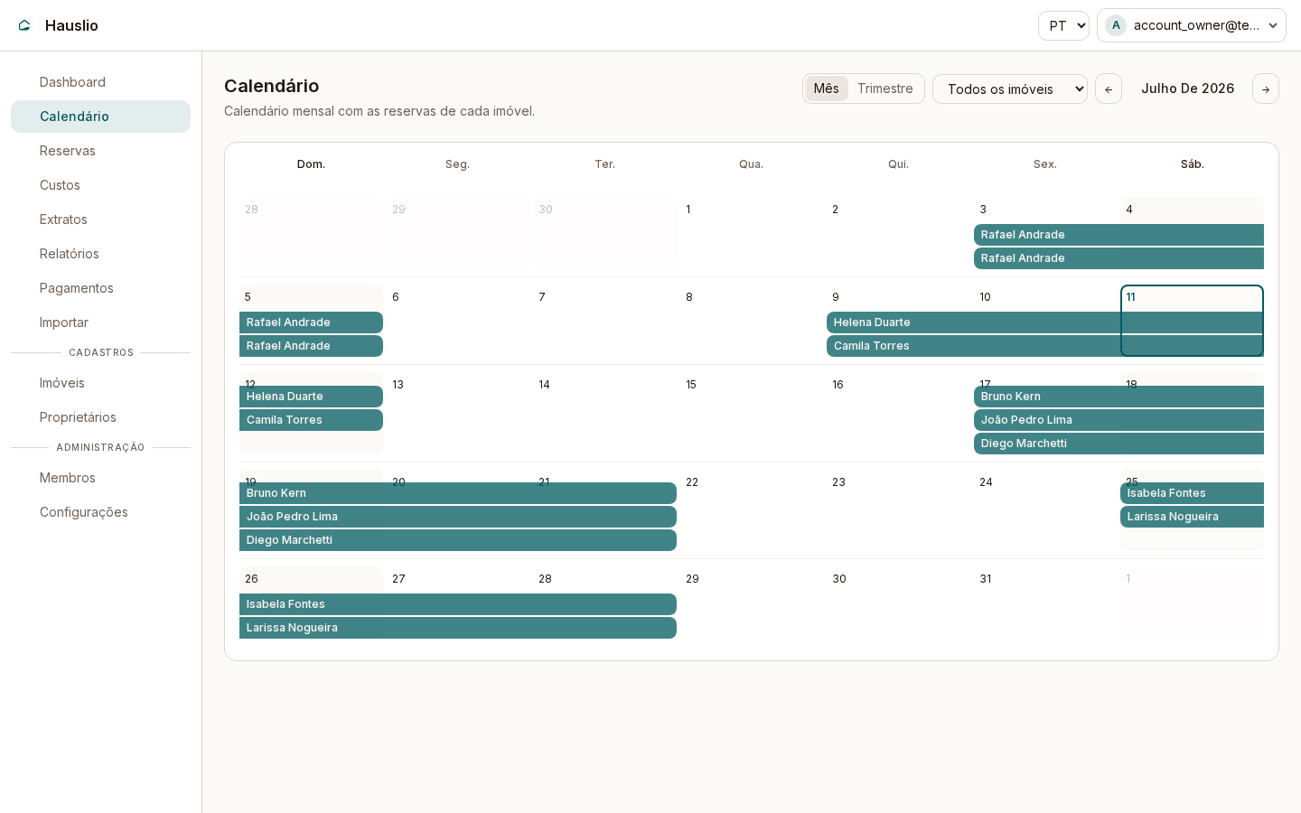 Hauslio calendar showing bookings across all properties for the month