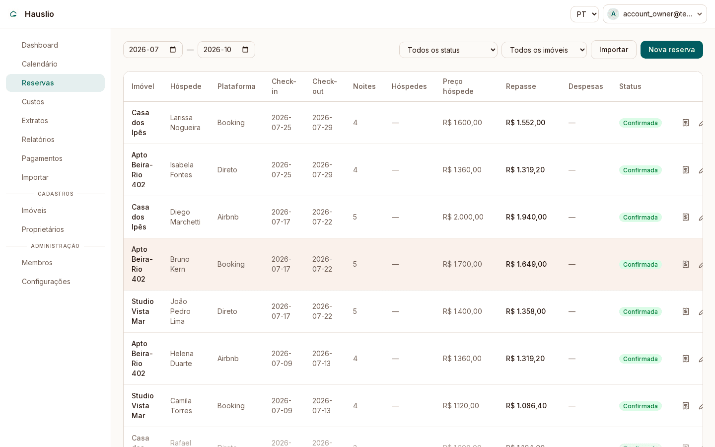 Hauslio reservations list with commission auto-calculated per booking
